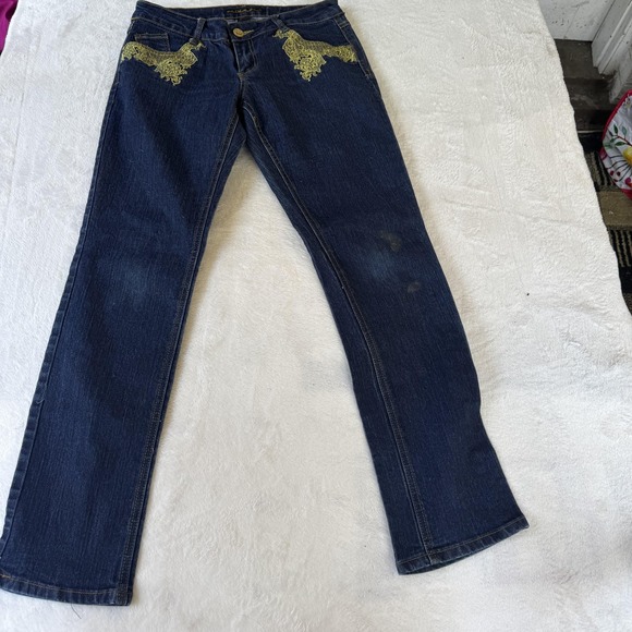 Southpole Jeans‎ Womens 9 Gold Embroidered Pocket Denim Straight Leg Distressed - Picture 3 of 10
